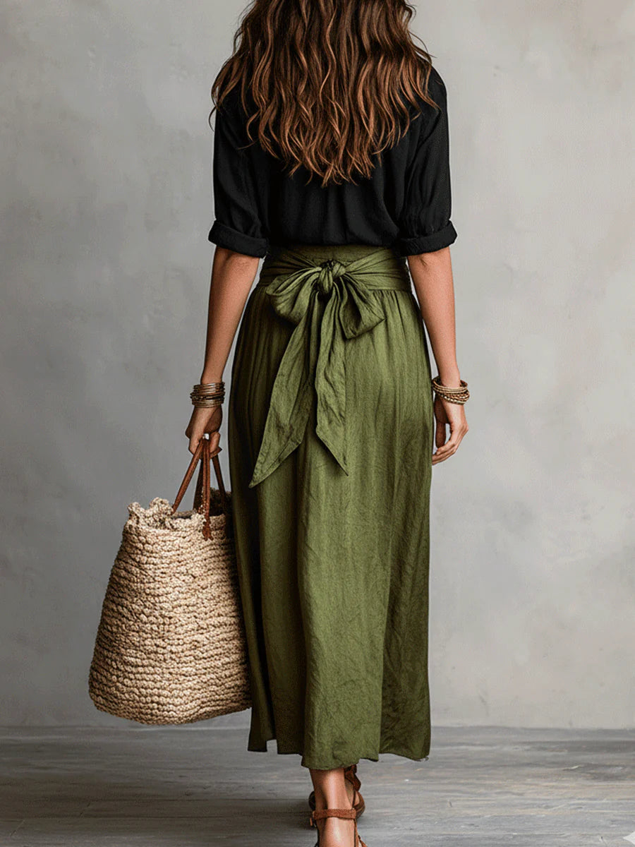 Vera | Black Tee & Olive Midi Skirt Set