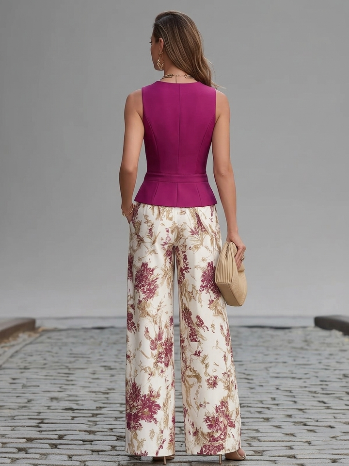 Rosalind | Rose Pink Vest & Floral Wide-Leg Trousers Set