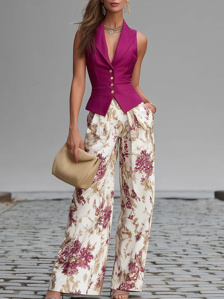 Rosalind | Rose Pink Vest & Floral Wide-Leg Trousers Set