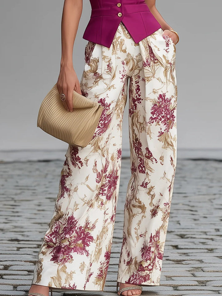 Rosalind | Rose Pink Vest & Floral Wide-Leg Trousers Set