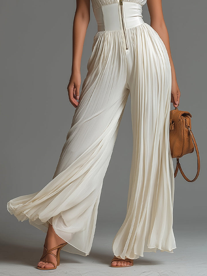 Valentina | Pleated White Chiffon Jumpsuit with Kimono Sleeves