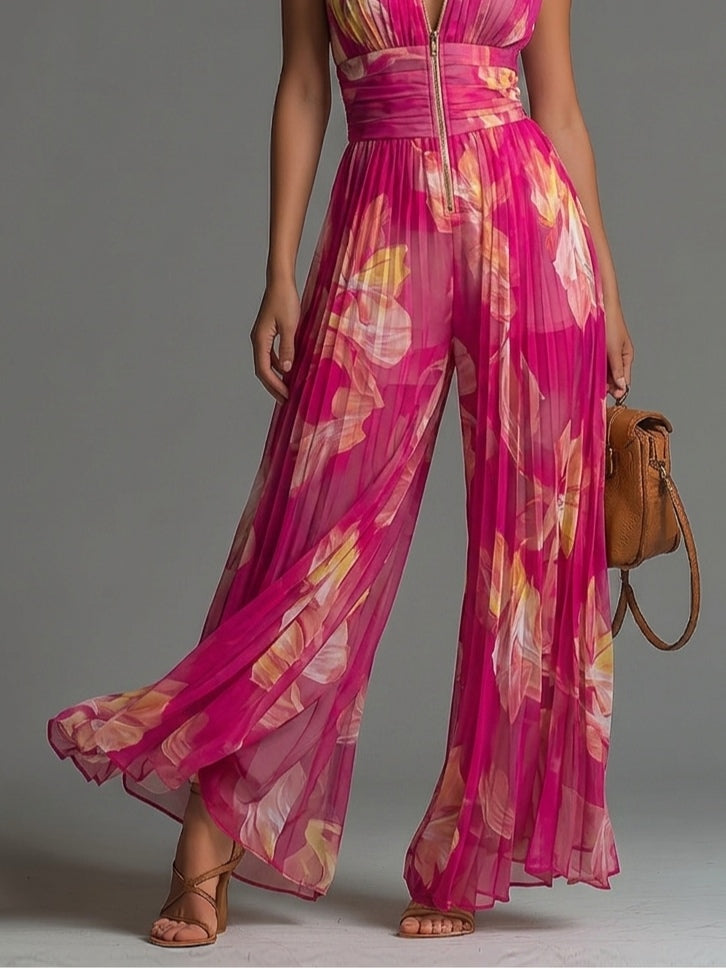 Genevieve | Fuchsia Floral Pleated Chiffon Jumpsuit