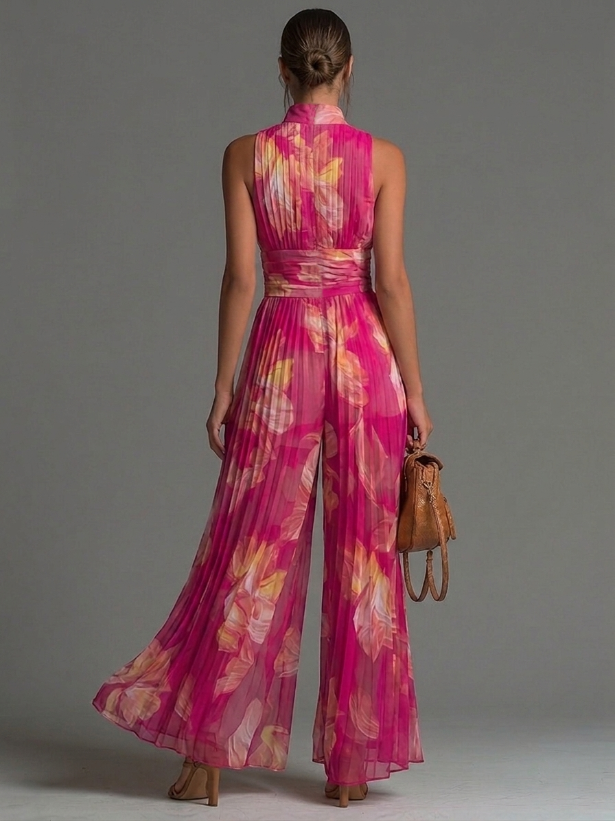 Genevieve | Fuchsia Floral Pleated Chiffon Jumpsuit