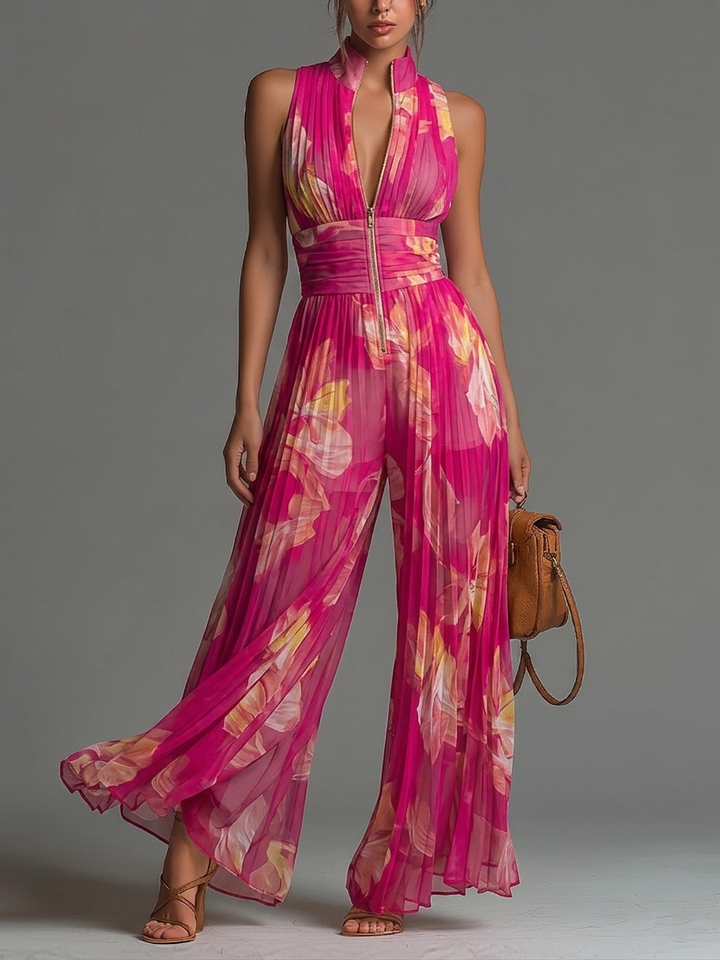 Genevieve | Fuchsia Floral Pleated Chiffon Jumpsuit