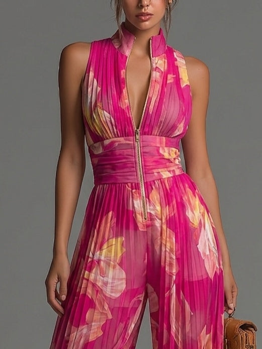 Genevieve | Fuchsia Floral Pleated Chiffon Jumpsuit
