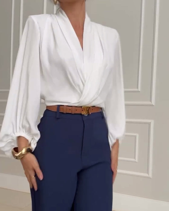 Solid Colour V-Neck Lantern Sleeve Blouse