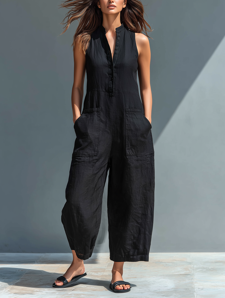 Claudia | Minimalist Linen Jumpsuit for Women, Sleeveless, High Neck and Buttons