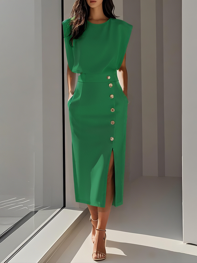 Malene™ | Solid Midi Dress with Button Slit and Round Neckline