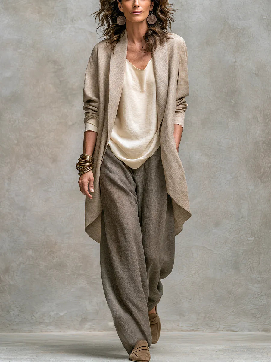 Beige Grey Casual Layered Three-piece Elegant Wide-leg Pants Suit