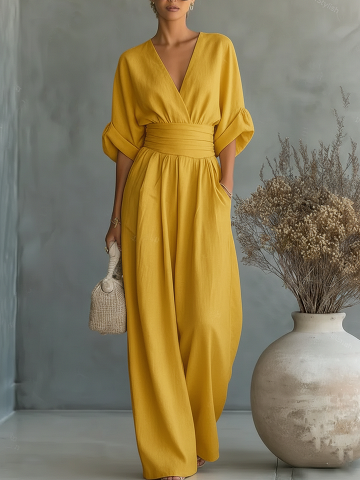 Elegant V-neck jumpsuit, high-waisted and loose-fitting
