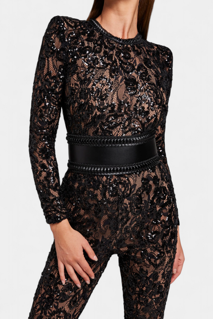 Jimena Lace Jumpsuit with Sequins and Belt