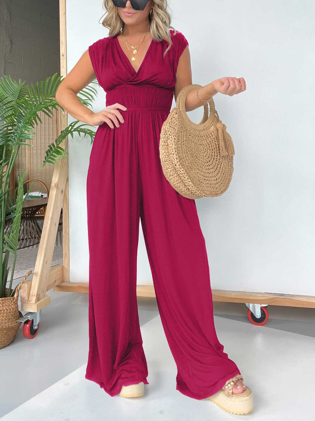 Eaksone - V-Neck Jumpsuit with Adjustable Back Knot