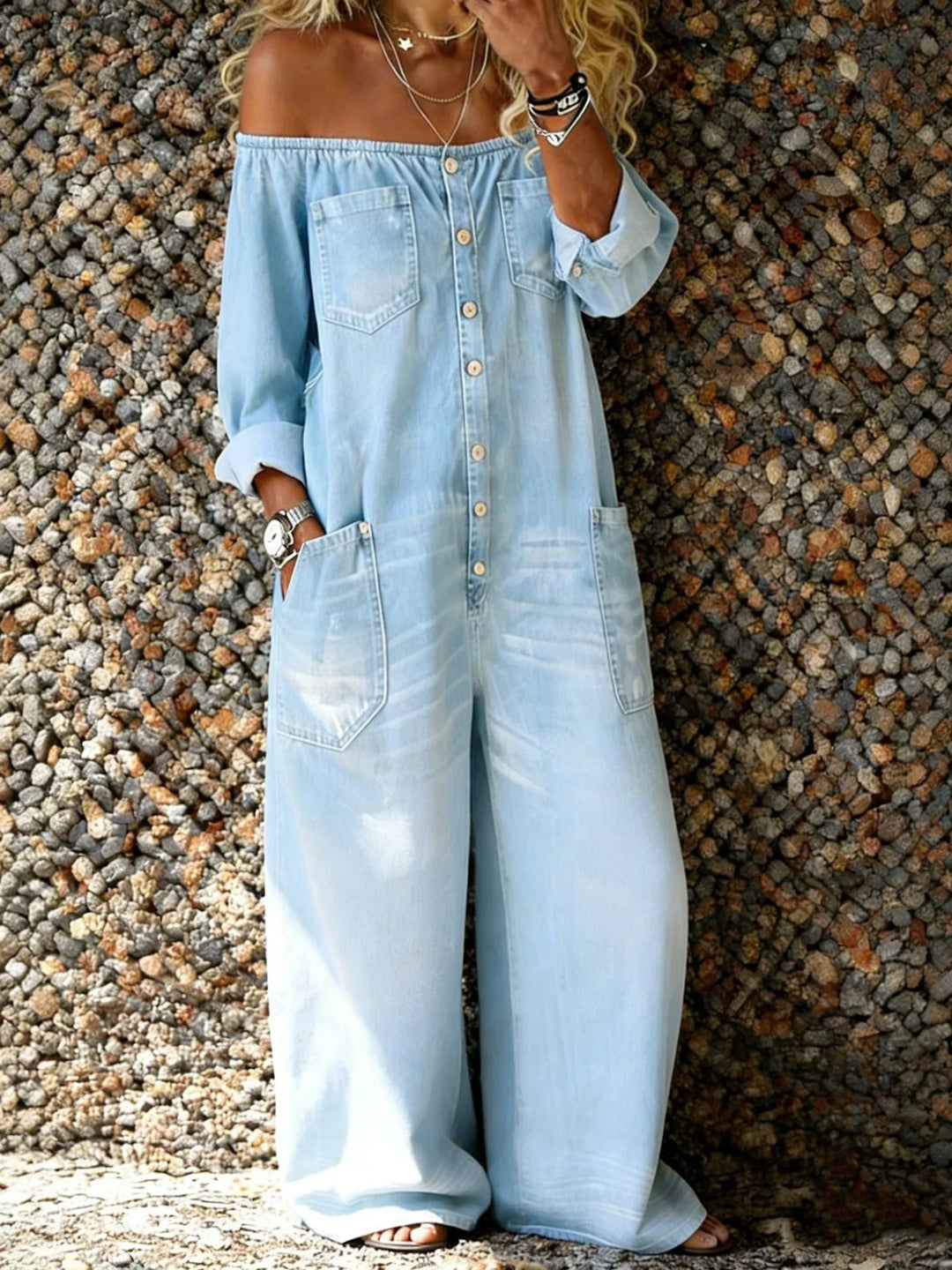 Noa | Denim Dungarees with Off-Shoulder Neckline