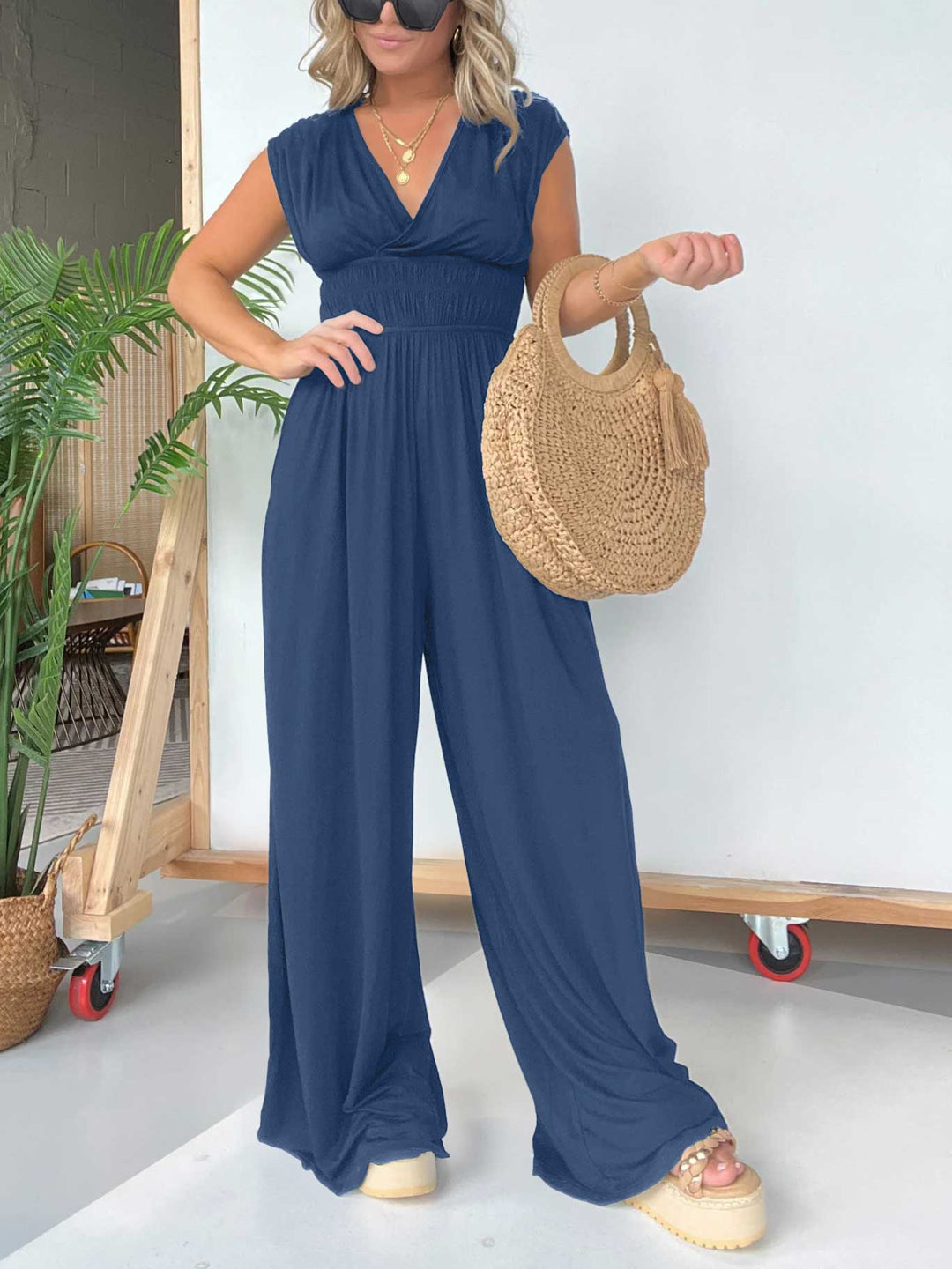 Eaksone - V-Neck Jumpsuit with Adjustable Back Knot
