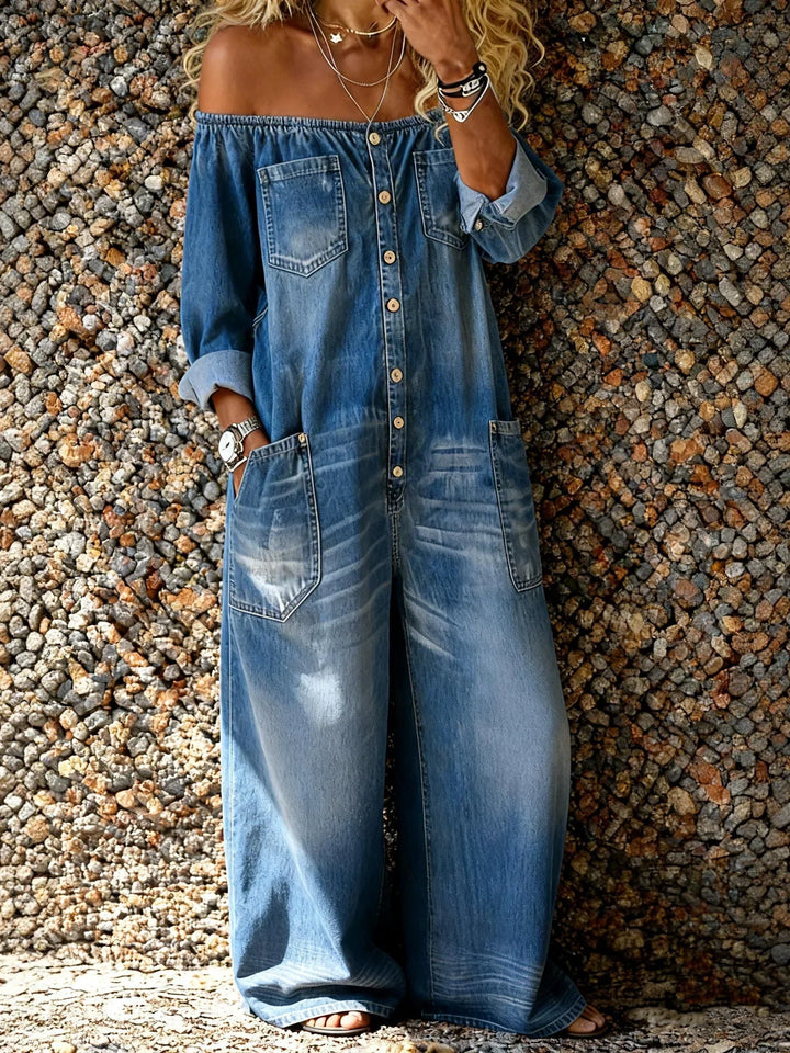 Noa | Denim Dungarees with Off-Shoulder Neckline