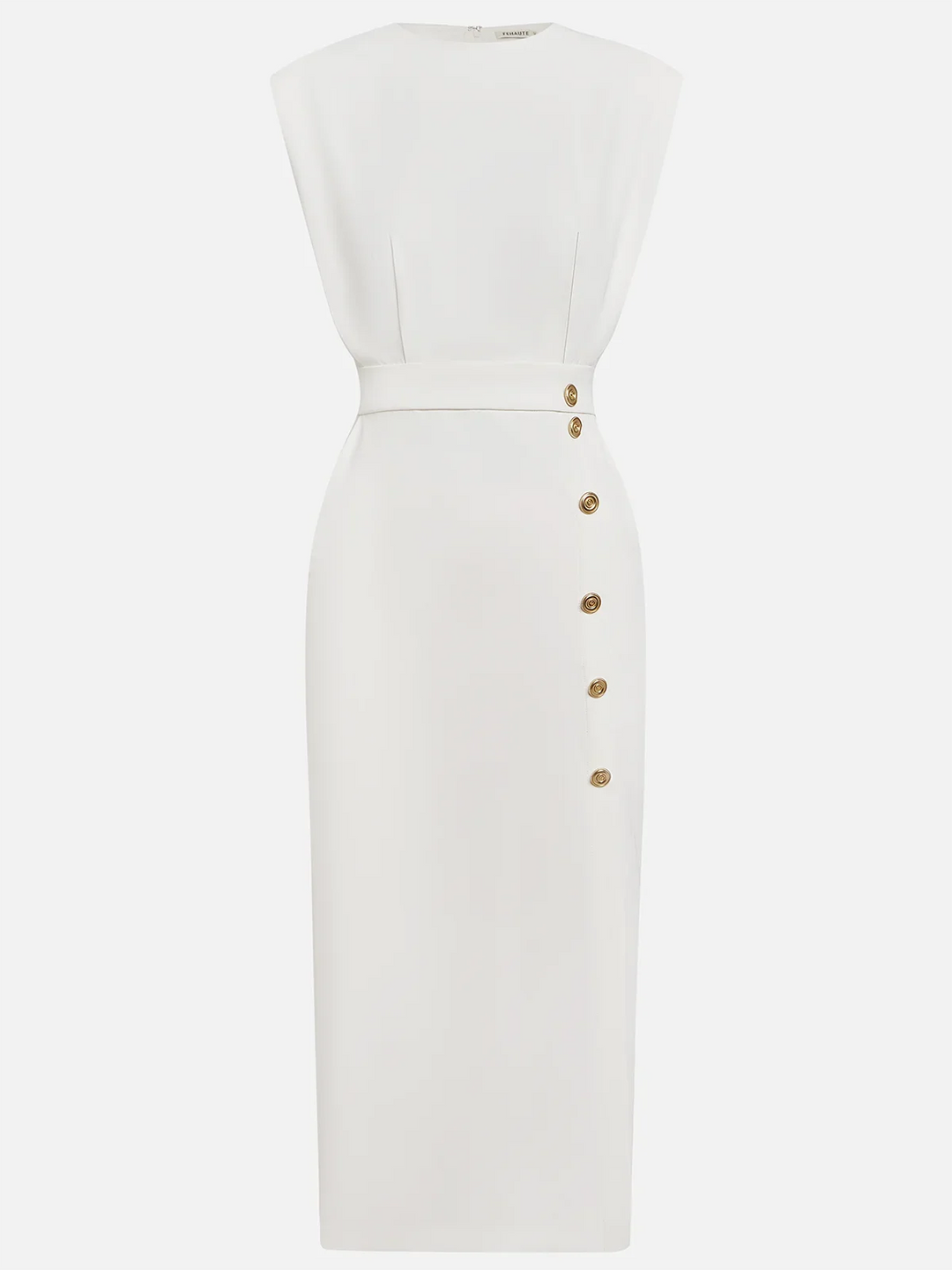 Malene™ | Solid Midi Dress with Button Slit and Round Neckline