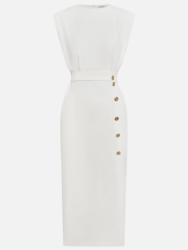 Malene™ | Solid Midi Dress with Button Slit and Round Neckline