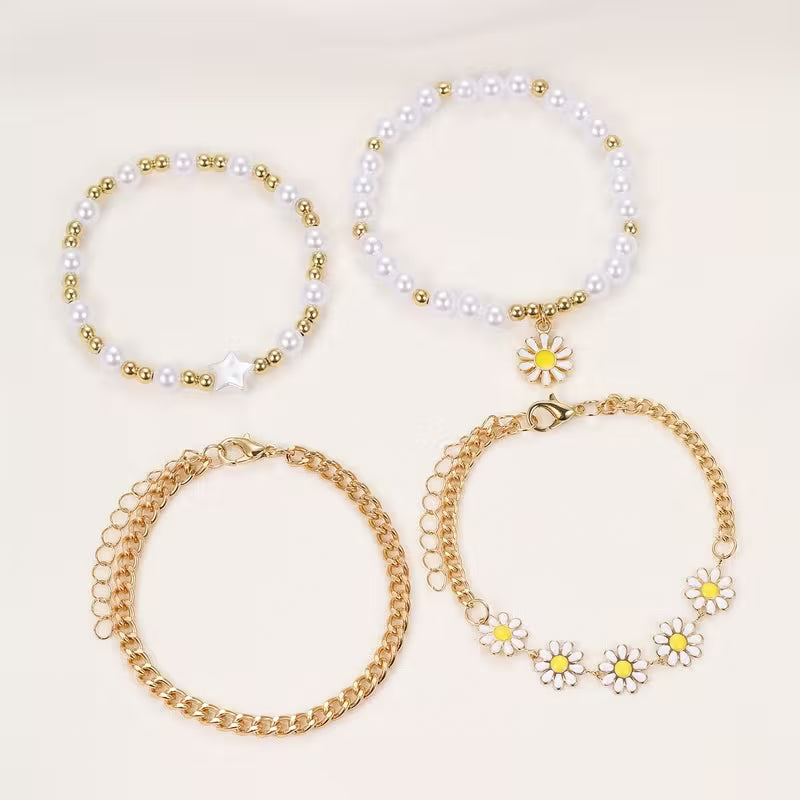 Saskia™ | Pearl Daisy Stacking Bracelet Set of 4