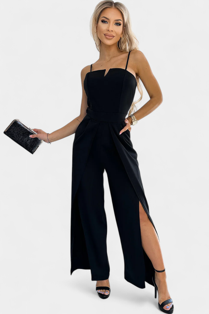 Prescillia Jumpsuit with Spaghetti Straps and Slit Legs