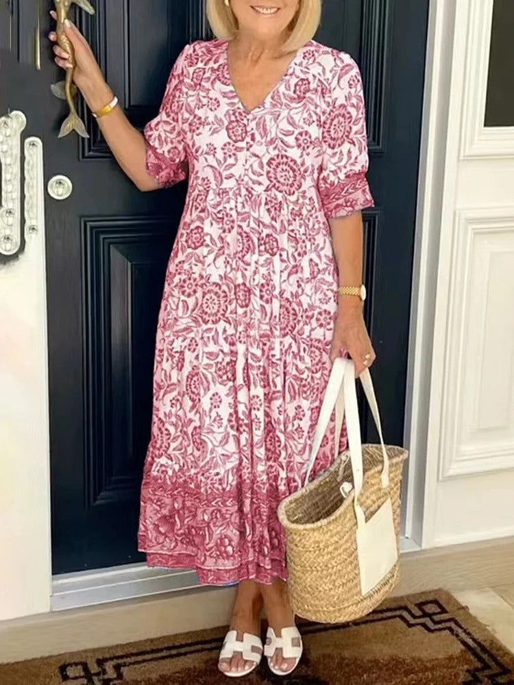 Lilara - Boho Deep V Neck Floral Dress