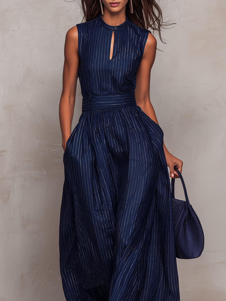 Dark Blue Striped Keyhole Neck Jumpsuit with Wide Leg Trousers