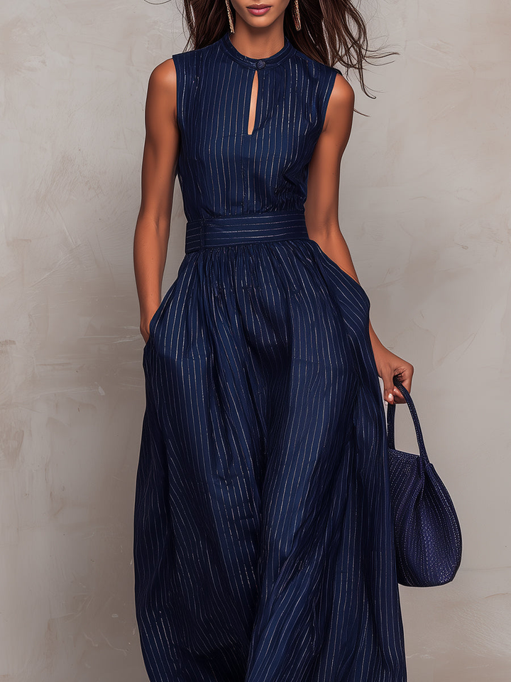 Dark Blue Striped Keyhole Neck Jumpsuit with Wide Leg Trousers