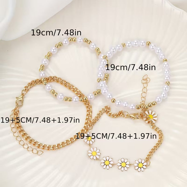 Saskia™ | Pearl Daisy Stacking Bracelet Set of 4