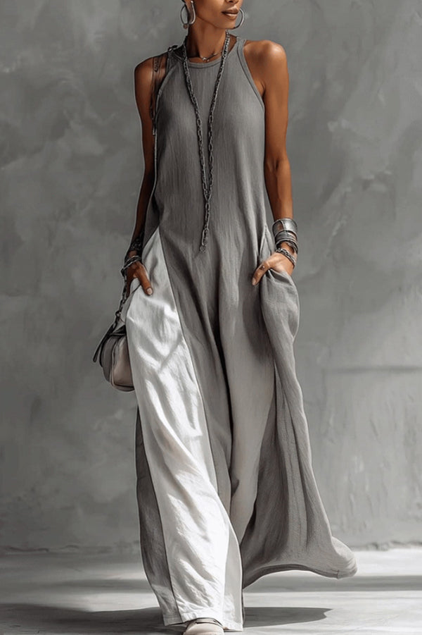 Stylish Colour-blocked Round Neck Sleeveless Casual Pocket Loose Maxi Dress