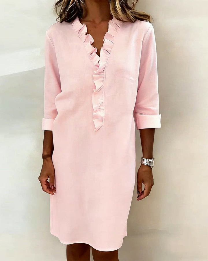 Plain V-Neck Ruffled Dress