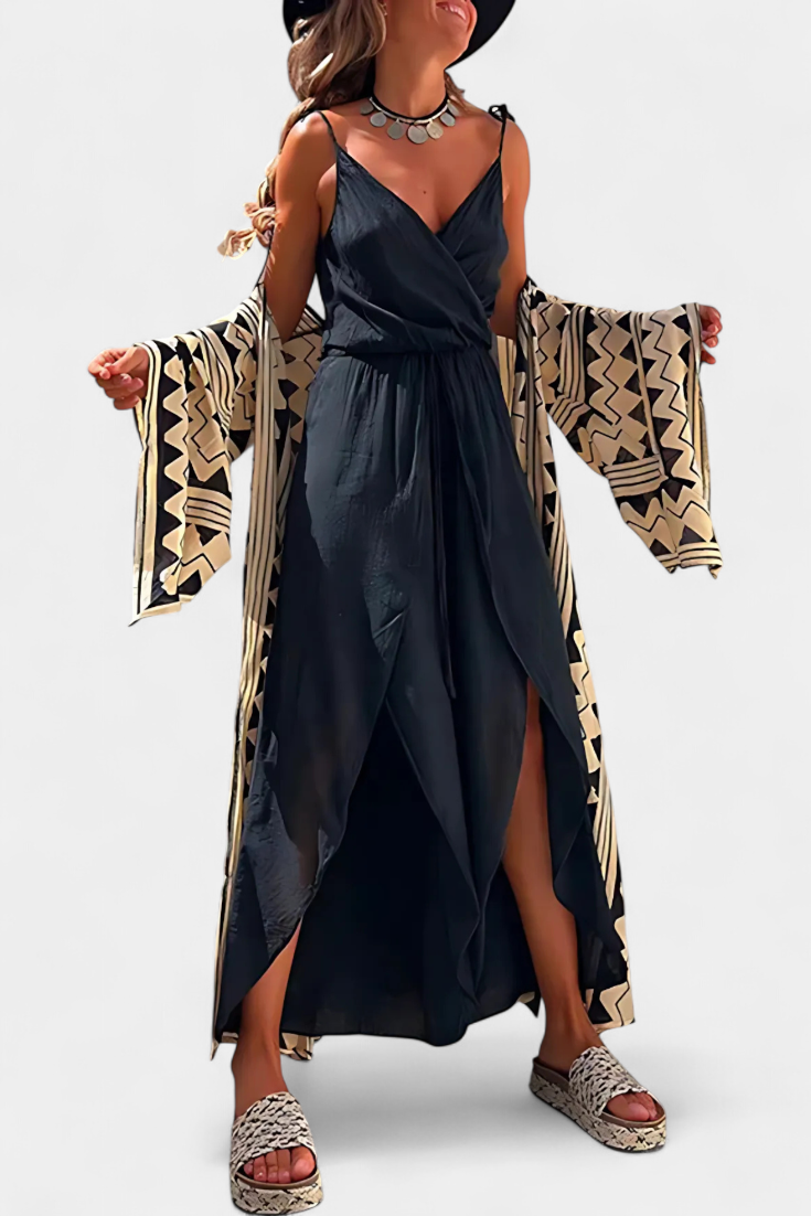 Donatila Cotton Washed Jumpsuit with Side Openings and Crossed Neckline
