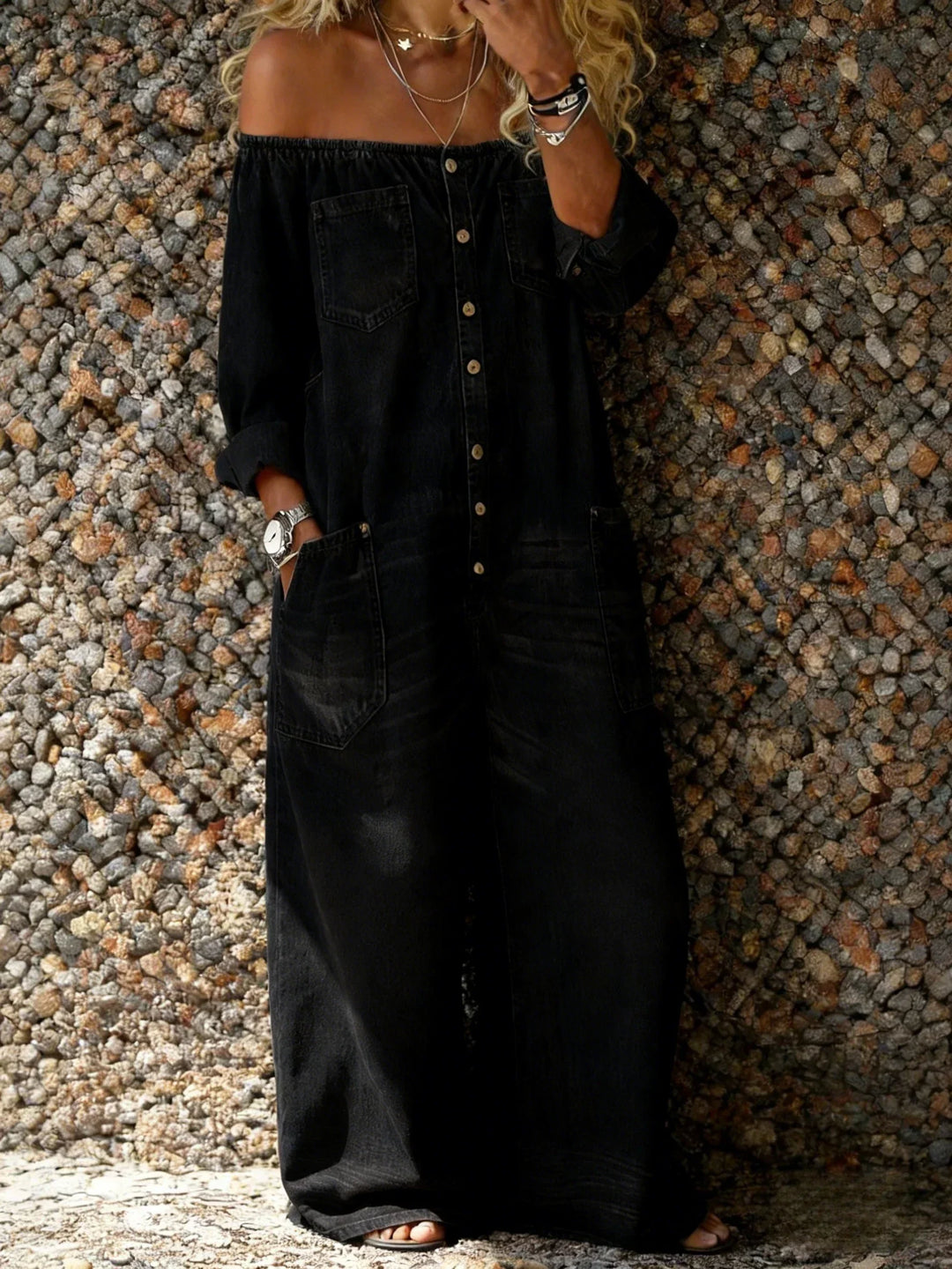 Noa | Denim Dungarees with Off-Shoulder Neckline