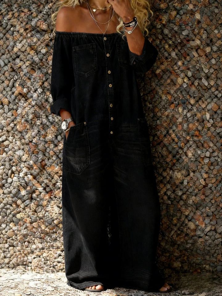 Noa | Denim Dungarees with Off-Shoulder Neckline
