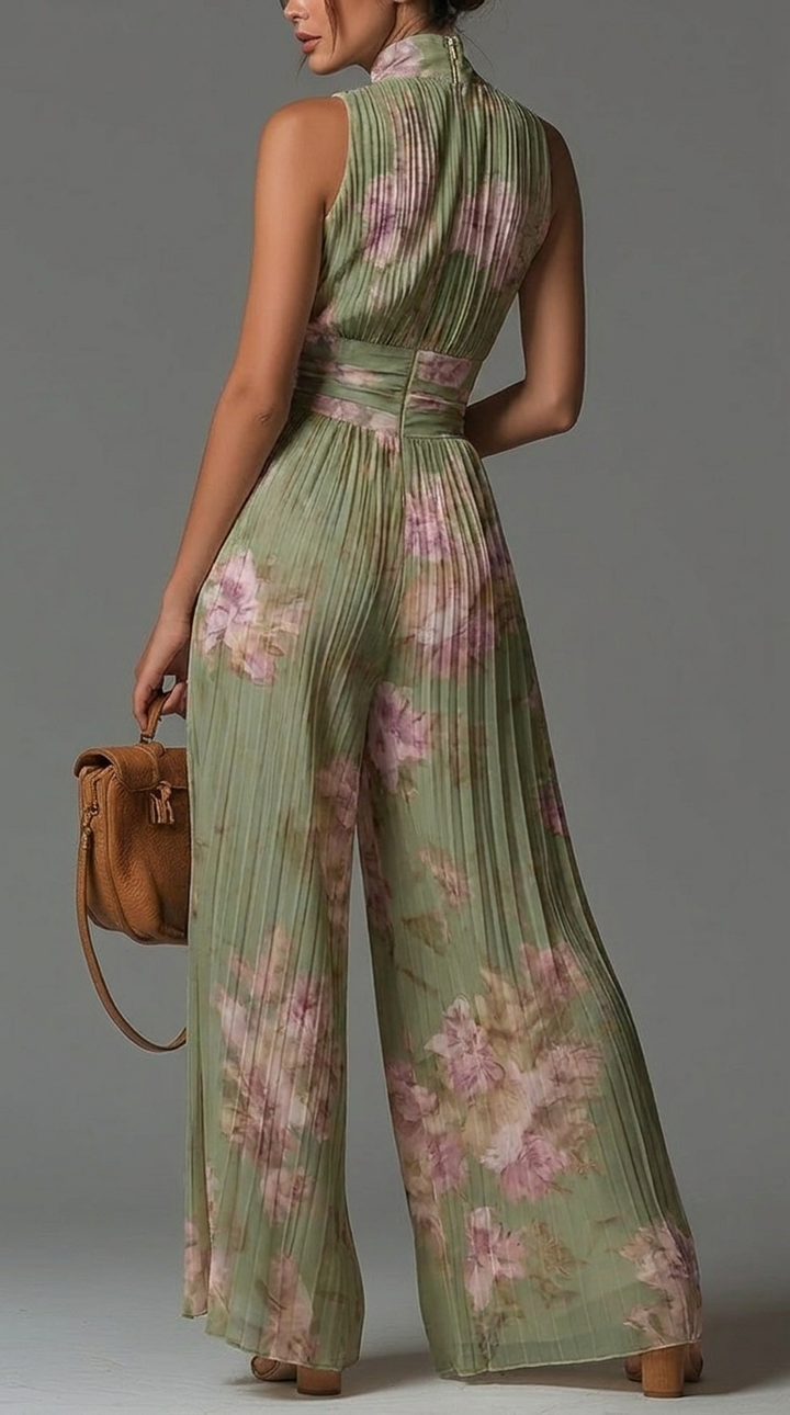Vivienne | White Pleated Floral Chiffon Jumpsuit