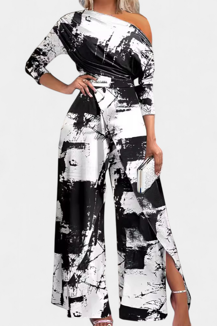Brina Mono Long Tie Dye with Off-Shoulder Design and Wide Legs with Slit