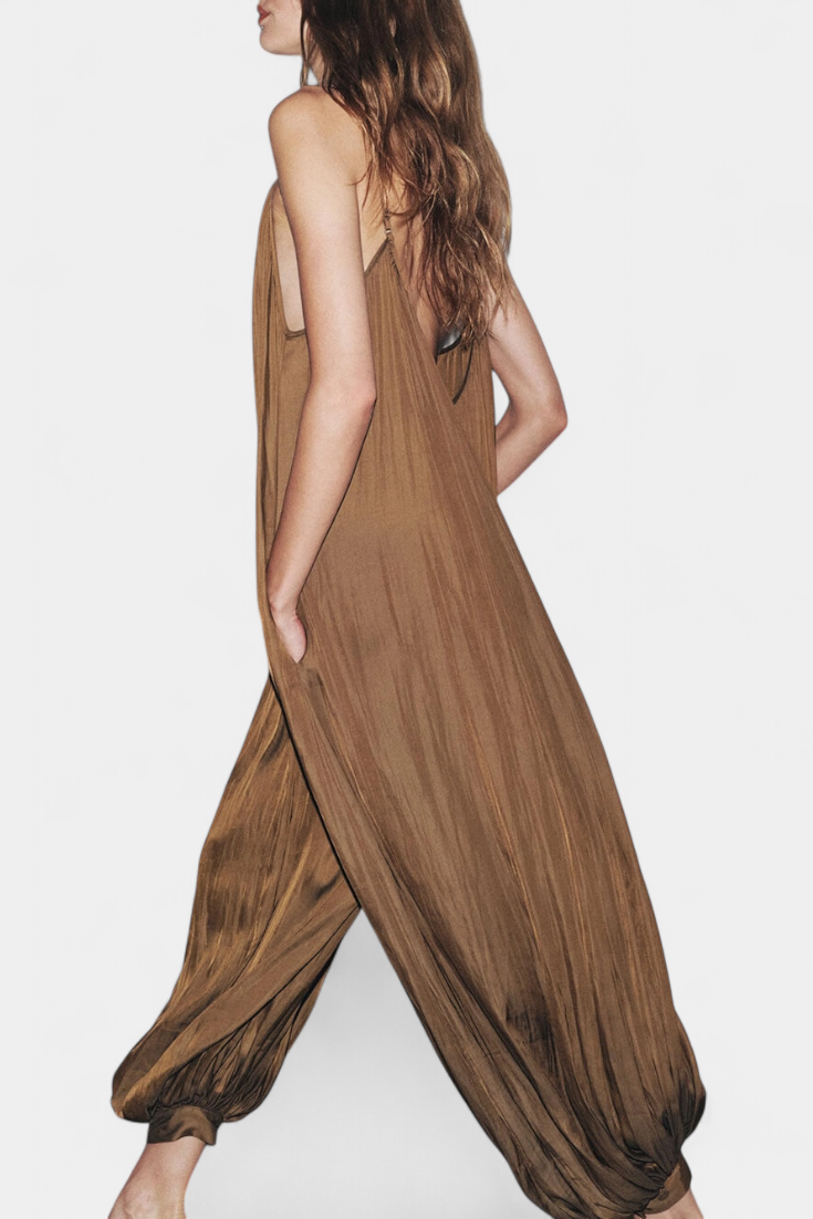 Lucy Mono Long Pleated Jumpsuit with Relaxed Silhouette