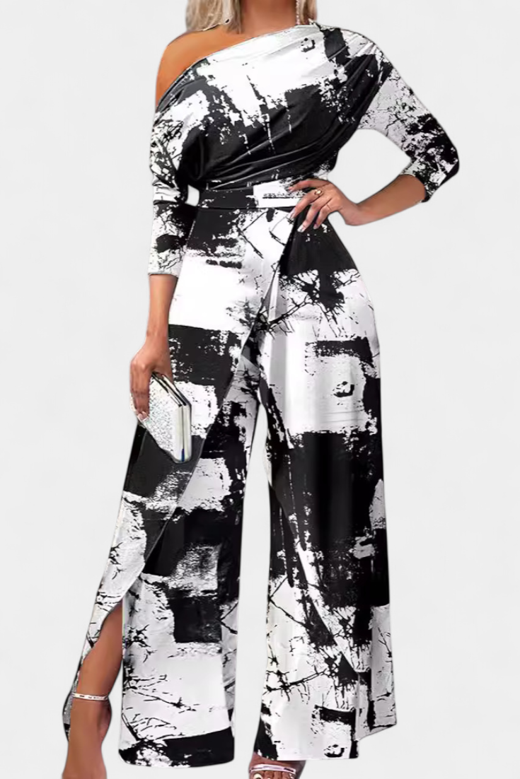 Brina Mono Long Tie Dye with Off-Shoulder Design and Wide Legs with Slit