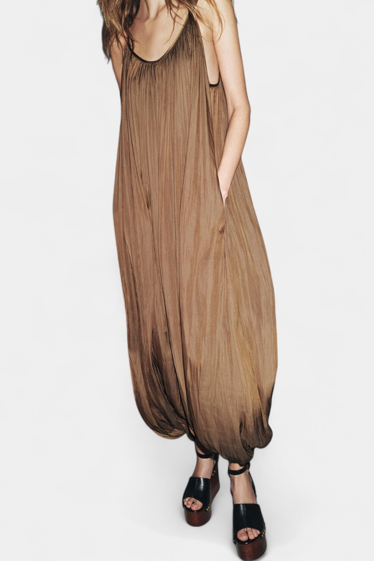 Lucy Mono Long Pleated Jumpsuit with Relaxed Silhouette