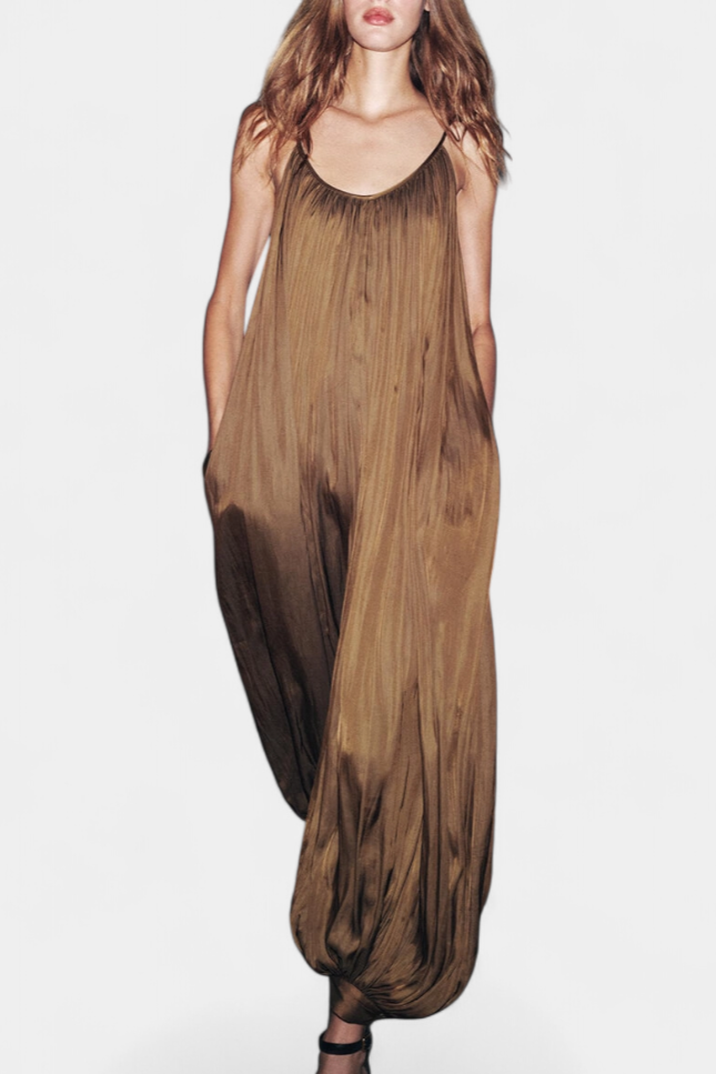 Lucy Mono Long Pleated Jumpsuit with Relaxed Silhouette