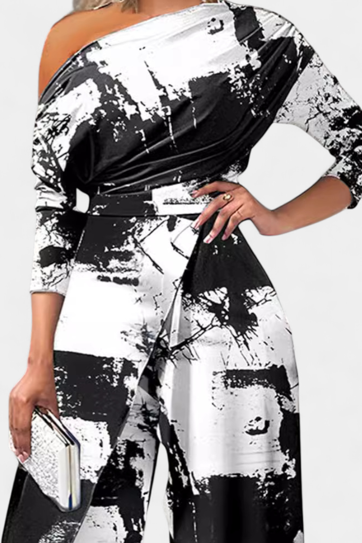Brina Mono Long Tie Dye with Off-Shoulder Design and Wide Legs with Slit