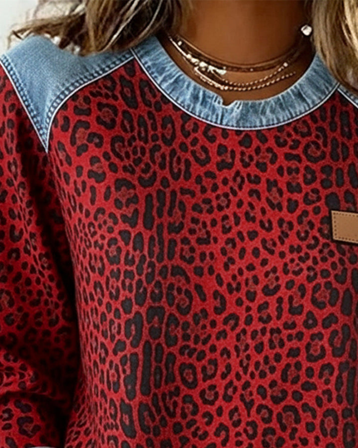 Sara | Leopard Denim Patchwork Sweatshirt