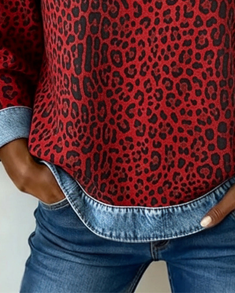Sara | Leopard Denim Patchwork Sweatshirt