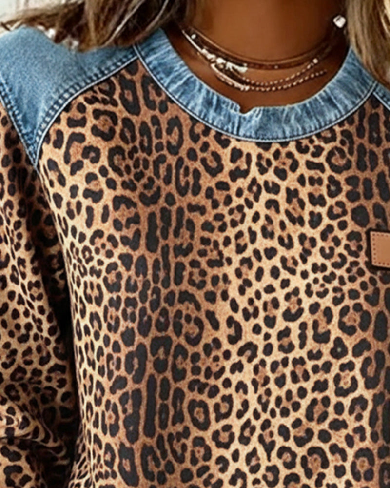 Sara | Leopard Denim Patchwork Sweatshirt