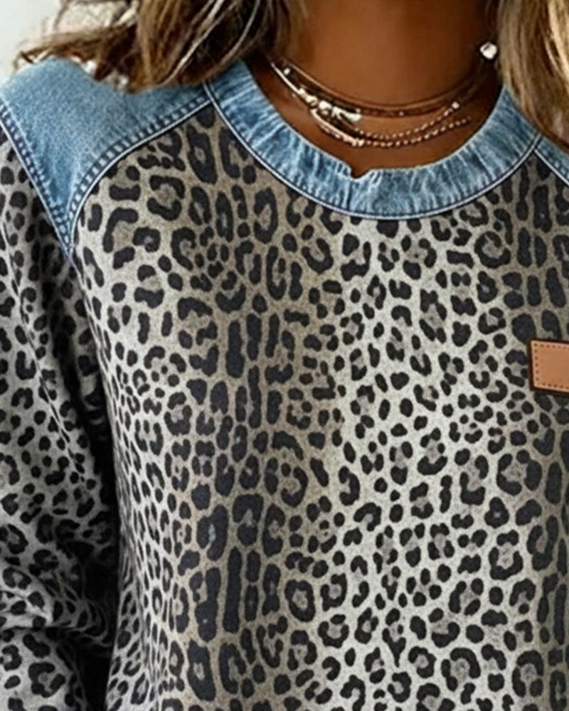 Sara | Leopard Denim Patchwork Sweatshirt