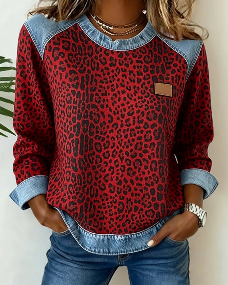 Sara | Leopard Denim Patchwork Sweatshirt